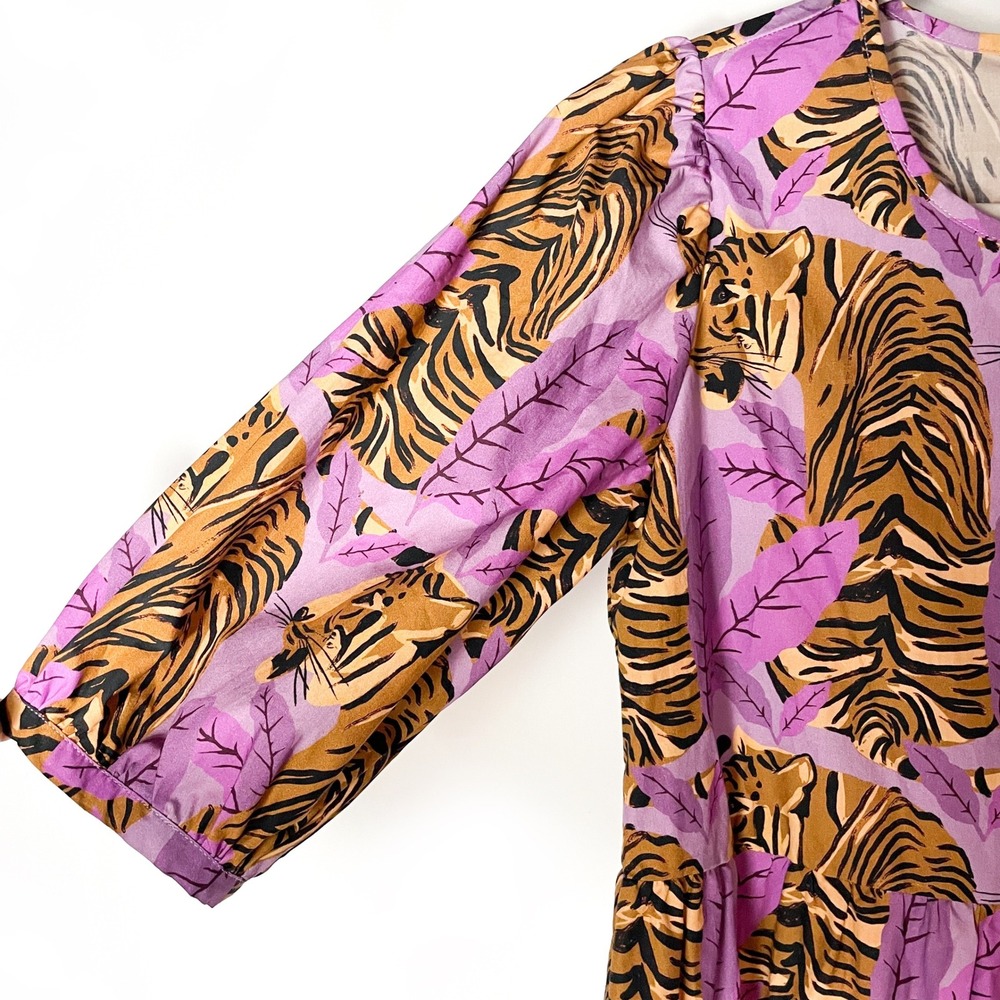 Farm‎ Rio Tiger Leaves Dress Purple Mini Tiered Short Puff Sleeve Casual Sz XS - Picture 4 of 9